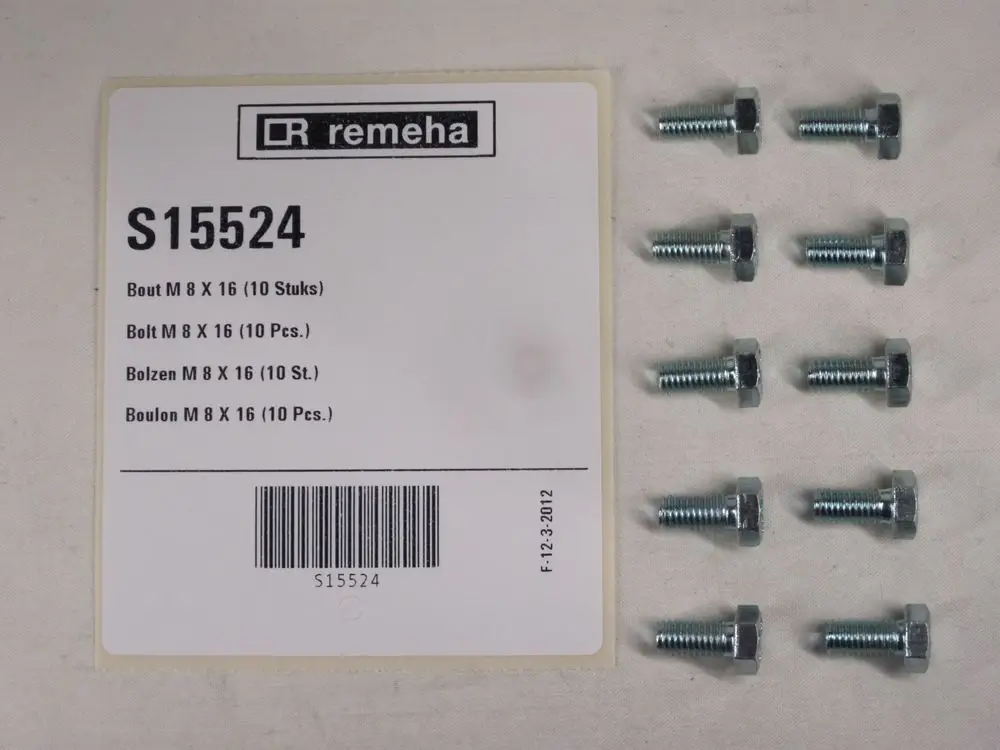 Zehn metallische Schrauben von Remeha in einer Verpackung, mit einer Produktbezeichnung auf einem weißen Etikett, das verschiedene Sprachen zeigt.